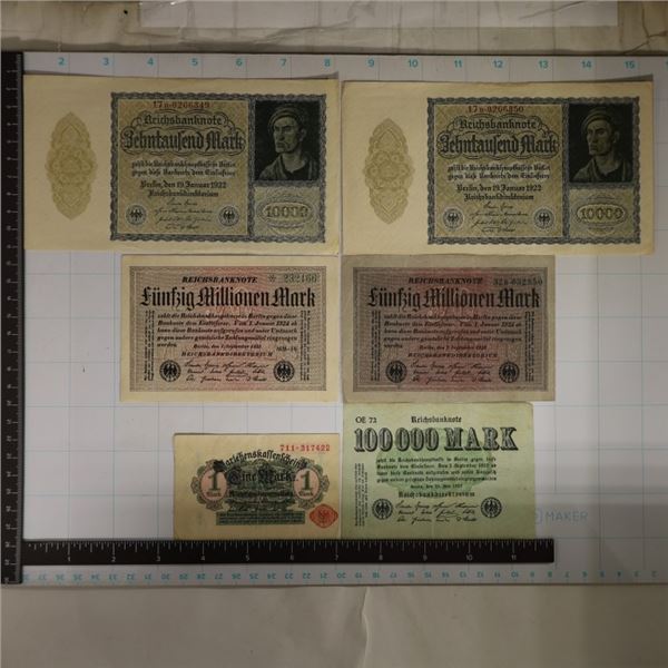 6-GERMAN BILLS: 1914-1 MARK, 1923-100000 MARK,