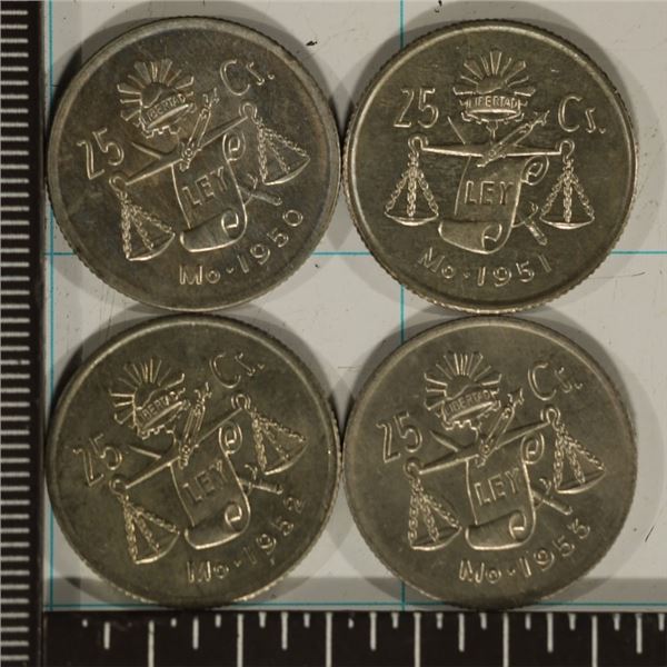 4-SILVER MEXICO 25 CENTAVOS: 1950, 51, 52 & 1953: