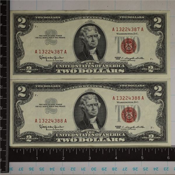 2-CRISP US $2 BILLS WITH CONSECUTIVE SERIAL #'S