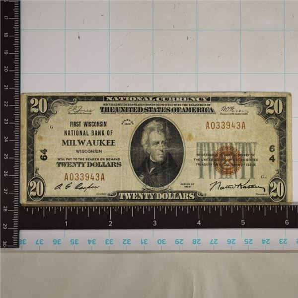 1929 US TYPE I $20 NATIONAL CURRENCY BANK OF