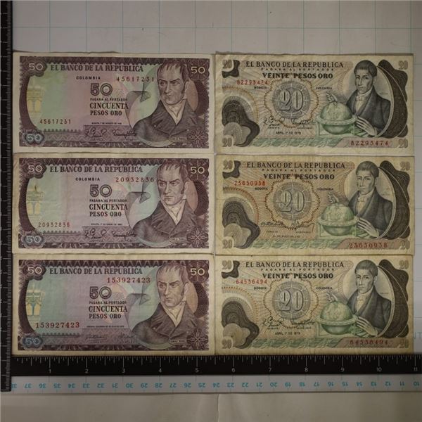 6-COLUMBIA BILLS: 3-20 PESOS (1972 & 2-79'S) AND 3