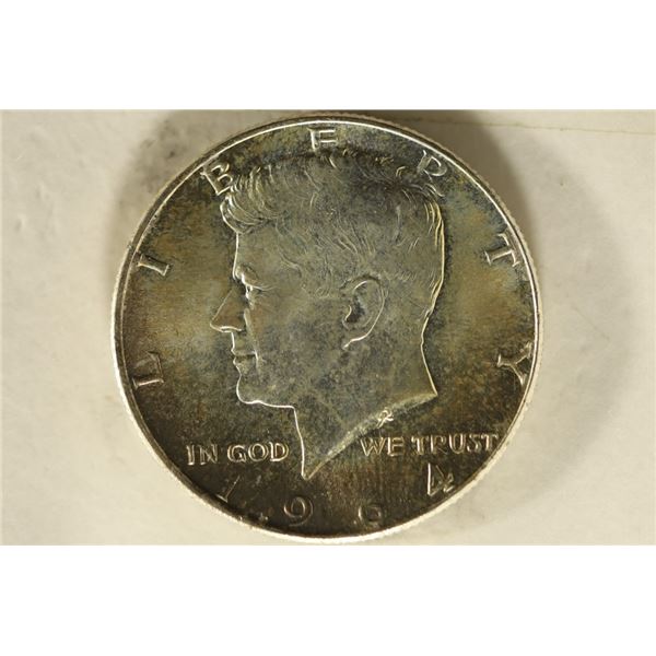 1964 JFK 90% SILVER UNC HALF DOLLAR. WITH TONING