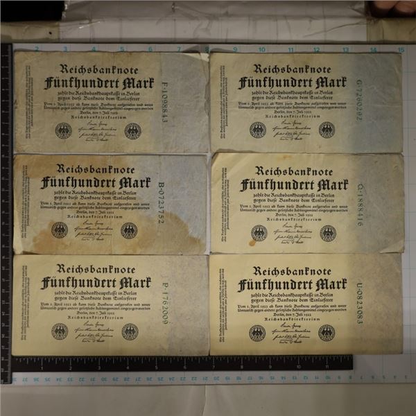 6-1922 GERMAN 500 MARK BILLS: 2-XF+, 2 WITH STAINS