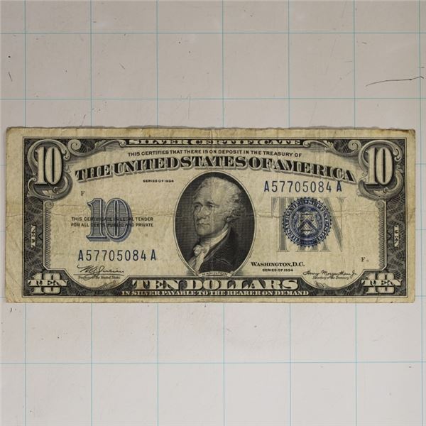 1934 US $10 SILVER CERTIFICATE BLUE SEAL