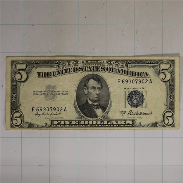 1953-A US $5 SILVER CERTIFICATE BLUE SEAL
