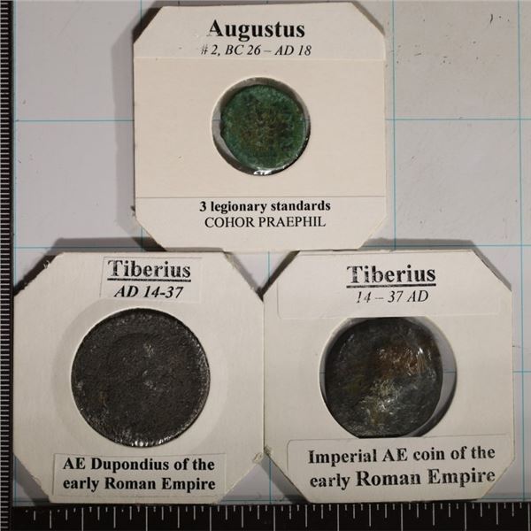 3 ROMAN ANCIENT COINS: 2-TIBERIUS 14-37 A.D. &