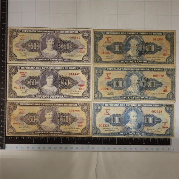6-BRASIL BILLS: 3-50 CRUZEIROS & 3-1000 CRUZEIROS