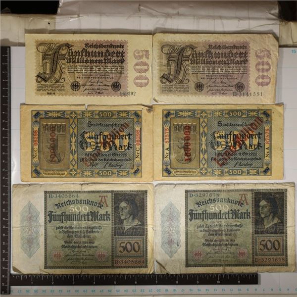 6-GERMAN BILLS: 2-1922-500 MARKS (RIPS NOTED),