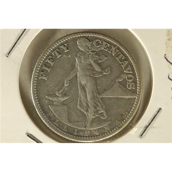 1918-S US PHILIPINNES SILVER 50 CENTAVOS .2241 OZ.