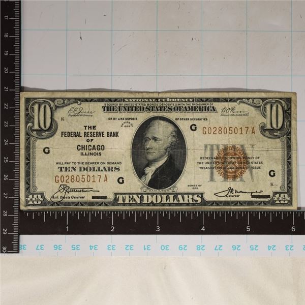1929 US $10 NATIONAL CURRENCY OF CHICAGO