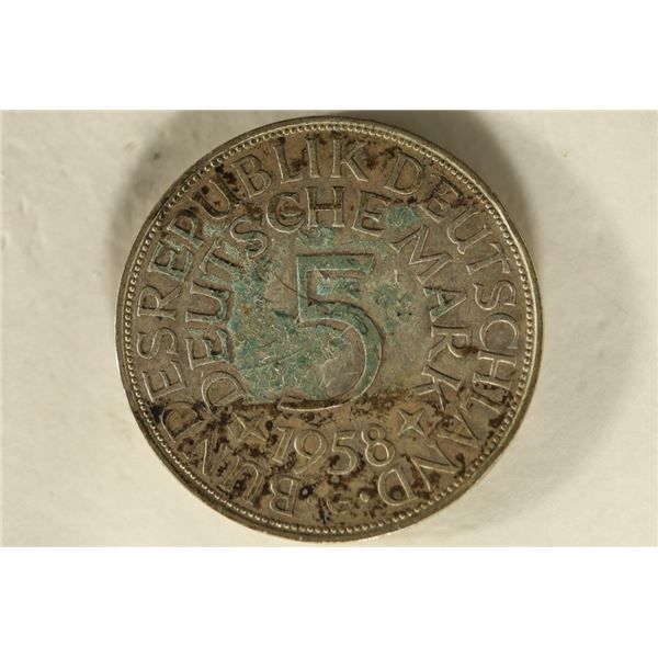 1958-G GERMAN SILVER 5 MARK .2251 OZ. ASW TONED