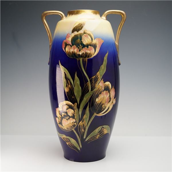 Antique Carlsbad Austria Vase, Parrot Tulips Cobalt Blue