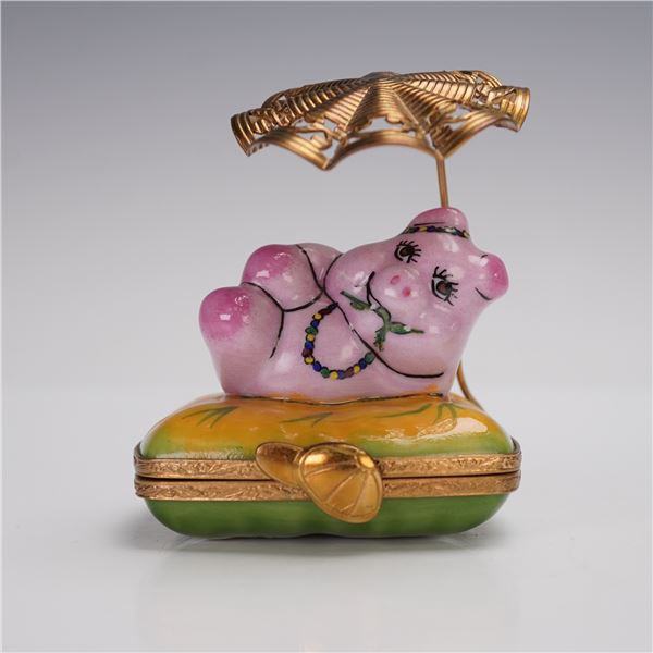 C.A. Limoges Porcelain France Treasure Box, Pig with Parasol Design