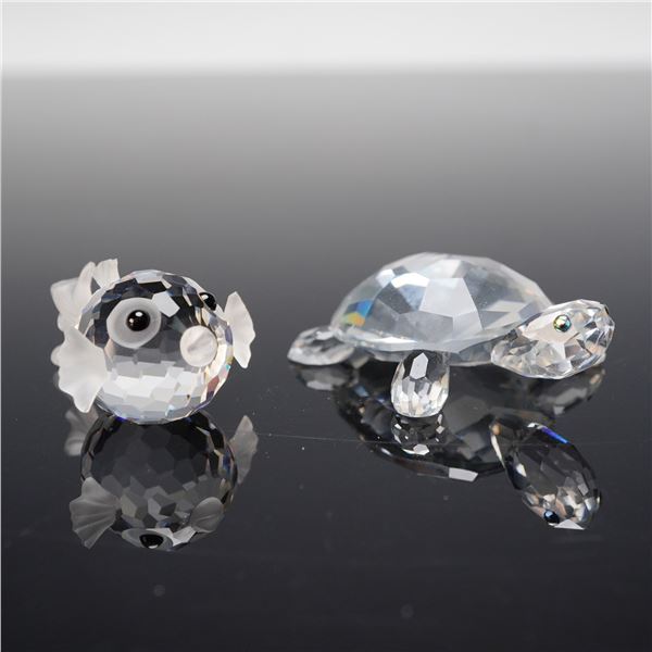 2pc Swarovski Crystal Figurines, Mini Blowfish and Turtle