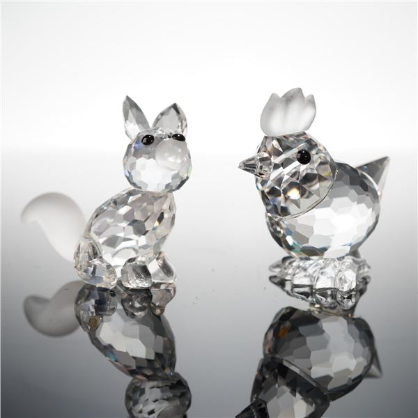 2pc Swarovski Silver Crystal Figurines, Hen and Mini Fox Sitting