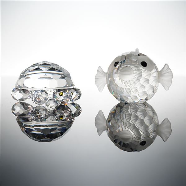 2pc Swarovski Silver Crystal Figurines, Tortoise and Blowfish