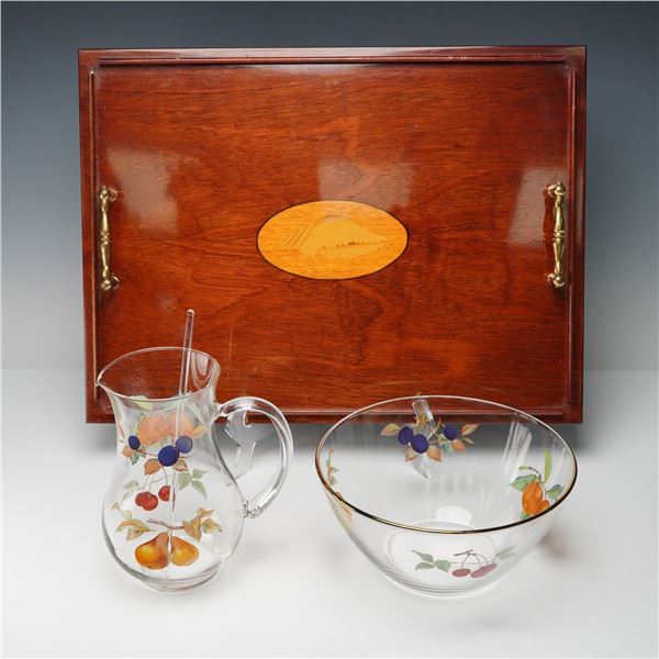 4pc Inlaid Wood Tray with Glass Bowl & Pitcher with Stirrer
