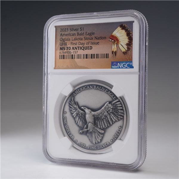 2023 Oglala Lakota Sioux Bald Eagle Dollar Coin NGC Graded MS 70 ANTIQUED