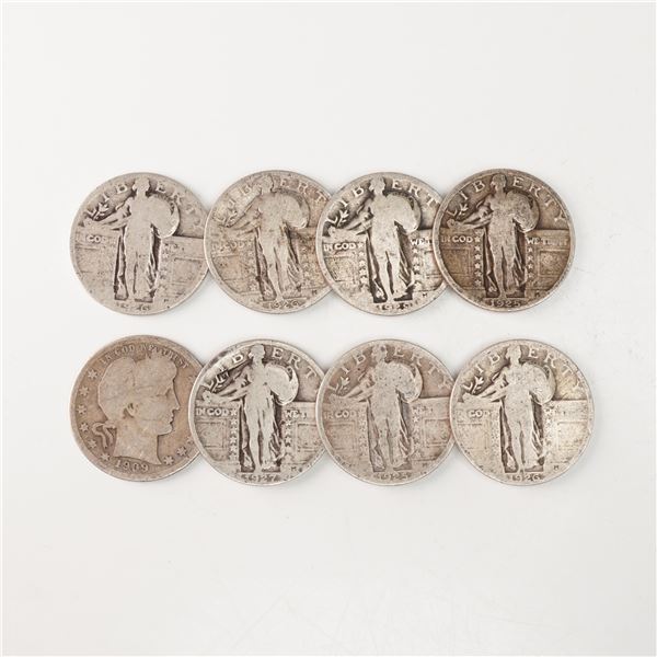 8pc 1909 Barber Quarter & 1925 to 1929 Standing Liberty Quarters