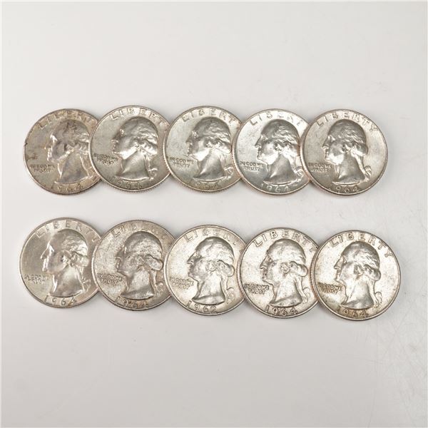 10pc 1962 to 1964-D Washington Silver Quarters