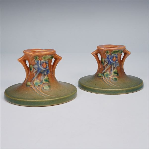 Pair of Roseville Pottery Candleholders, Columbine