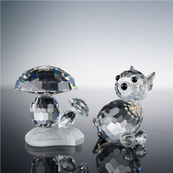 Swarovski Crystal Figurines, Mini Cat & Mushroom