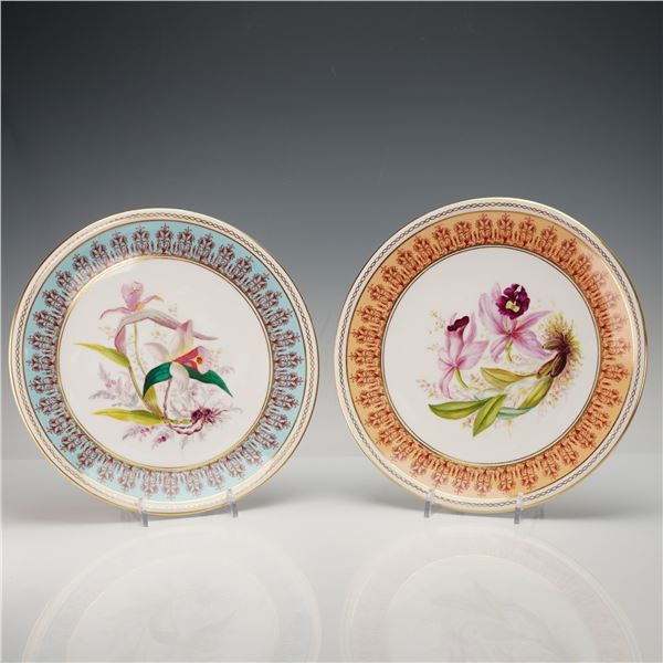 2pc Royal Crown Derby Hand Painted Orchid Cake Plates