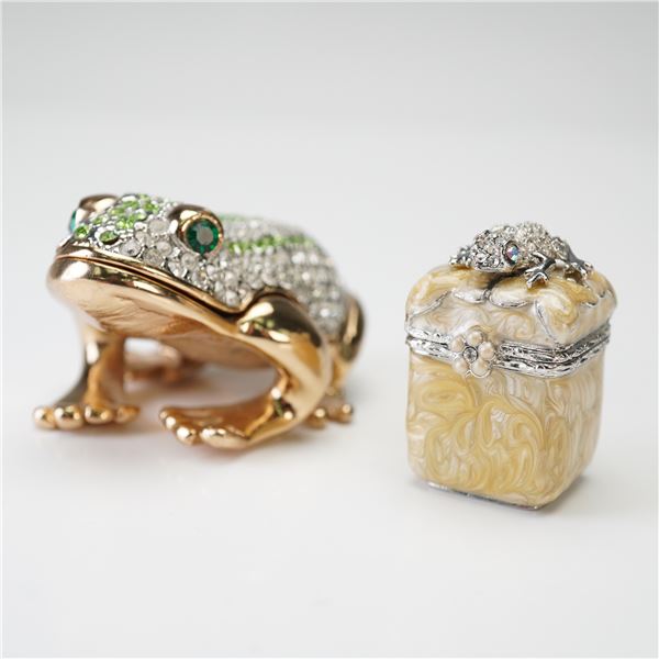2pc Jay Strongwater Mini Frog Trinket Box & Unmarked Enamel Frog Box