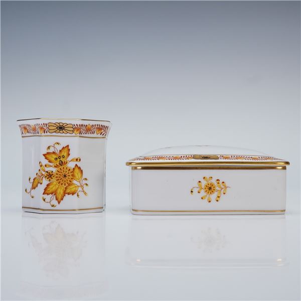 2pc Herend Cigarette Holder and Covered Box, Chinese Bouquet Yellow
