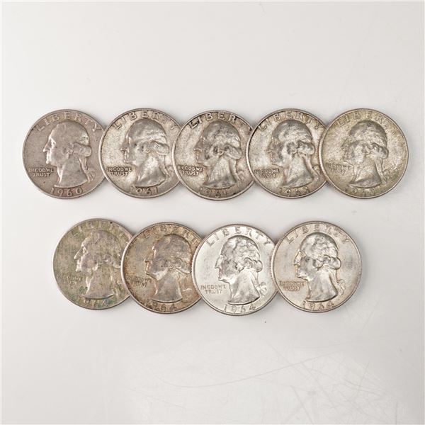9pc 1960-D to 1964-D Washington Silver Quarters