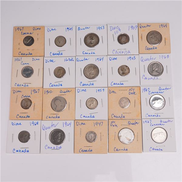 20pc 1902-1968 Canadian Dime & Quarter Coinage Collection
