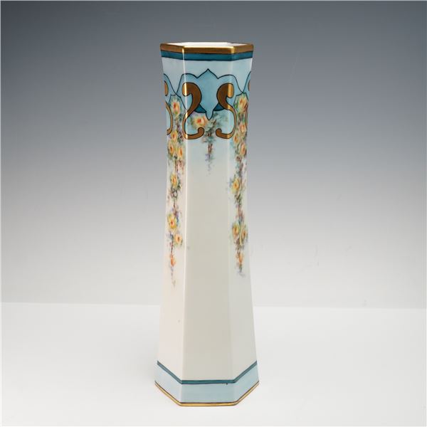 Austrian Handpainted Yellow Roses Hexagon Vase with Blue Trim