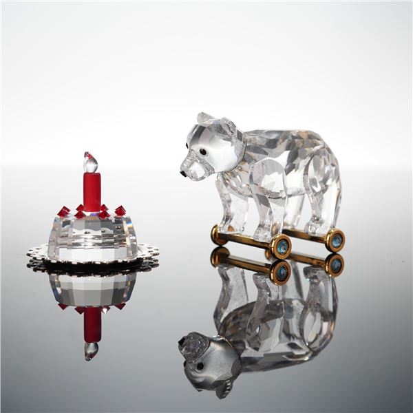 2pc Swarovski Crystal Memories Figurines, Bear on Wheels & Happy Birthday