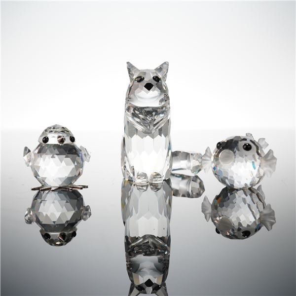 3pc Swarovski Silver Crystal Figurines, Mini Chick, Mini Blowfish & Cat