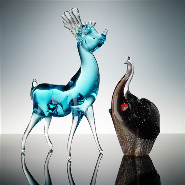 2pc Art Glass Blue Deer and Elephant Figurines