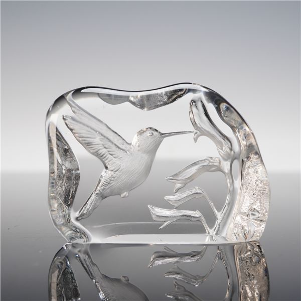 Capredoni Dartington Etched Crystal Paperweight, Hummingbird and Flower
