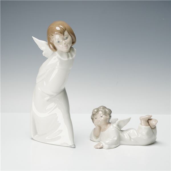 2pc Lladro Porcelain Figurines, Cherub Smiling 4960 & Angel Reclining 4541