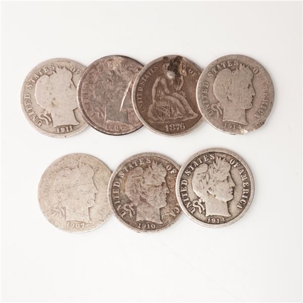 7pc 1876-CC Seated Liberty Dime & 1907-O to 1914-D Barber Dimes