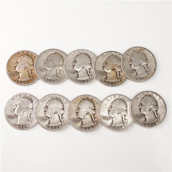 10pc 1934 to 1939 Washington Silver Quarters