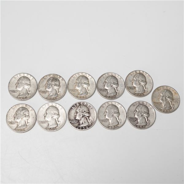 11pc 1950 to 1958 Washington Silver Quarters