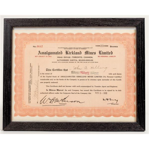 Amalgamated Kirkland Mines Limited Stock 1939 Toronto [198652]