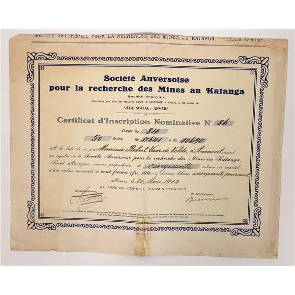 Katanga Mining Stock, 1912 [193256]