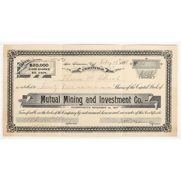 Mutual Mining & Investment Company Stock Certificate, 1898 [204777]
