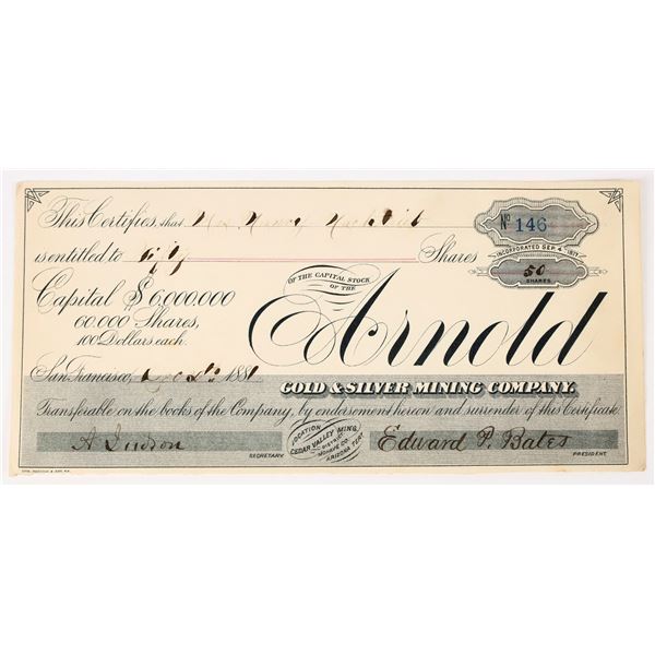 Arnold Gold & Silver Mining Company Stock Certificate, 1881 [198041]
