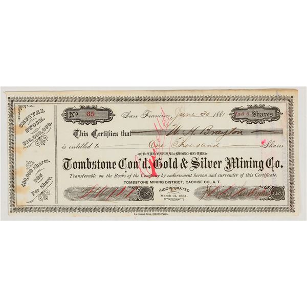 Tombstone Consolidated Gold & Silver Mining Company Stock Certificate, 1881 [201545]