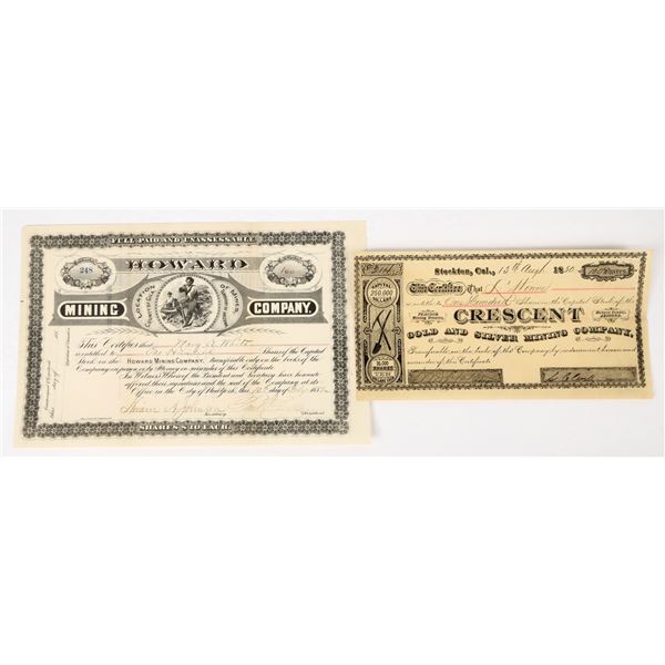 Scarce Arizona 1880s Mining Stock Pair: Crescent and Howard [198131]