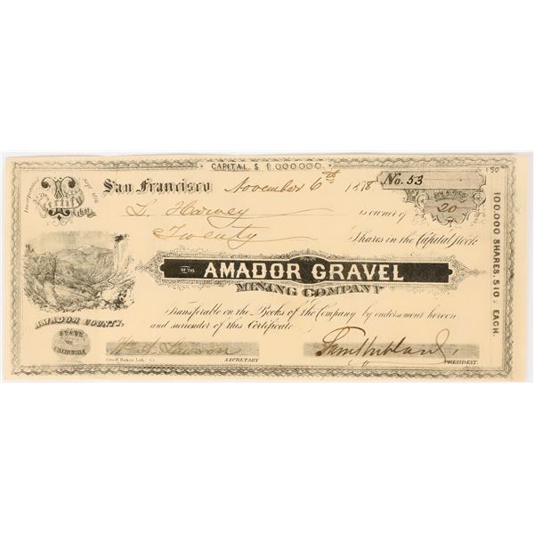 Amador Gravel Mining Company Stock Certificate, 1878 [198025]