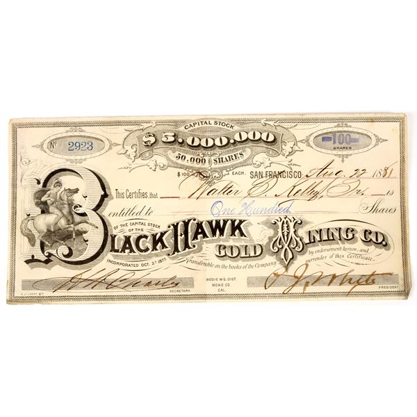 Black Hawk Gold Mining Co. Stock Certificate, Bodie, 1881 [198149]