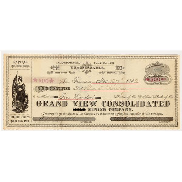 Grand View Consolidated Gold Mining Company Stock Certificate, 1882 [204760]