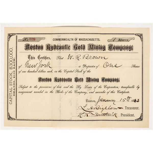 Boston Hydraulic Gold Mining Co. Stock Certificate, Calaveras County, CA 1883 [204200]